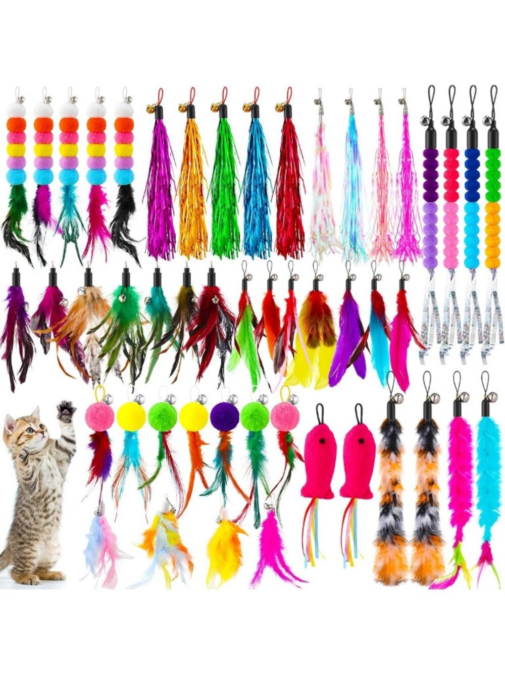 50 Pcs Interactive Cat Feather Toys with Bells - Refill Wand Attachments for Fun